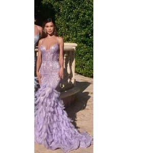 LaDivine CC2308 Feather Sparkle Formal Prom Long Mermaid Gown Dress Lavender 10 - Picture 1 of 4