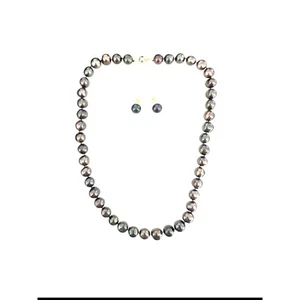 Rare Tahiti 11/12MM S. Sea Black Green Pearl Necklace Earrings Set 20” 14k Gold - Picture 1 of 10