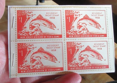 4 connected 1958 New Jersey Resident Trout Stamp unused  (w19) - Image 1 of 3