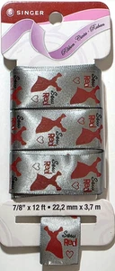 "Cinta SINGER Cosida Roja PLATEADA SATINADA con VESTIDO ROJO - 7/8"" x 12 pies" - Imagen 1 de 2