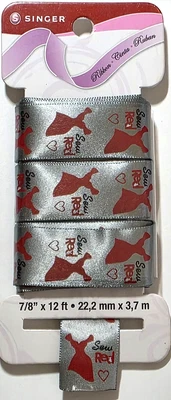 SINGER Ribbon SewRed SILVER SATIN with RED DRESS - 7/8” x 12 ft - Image 1 of 2