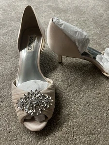 Badgley Mischka Rhinestone Peep-Toe Heels Blush Pink Satin Finish - Picture 1 of 9