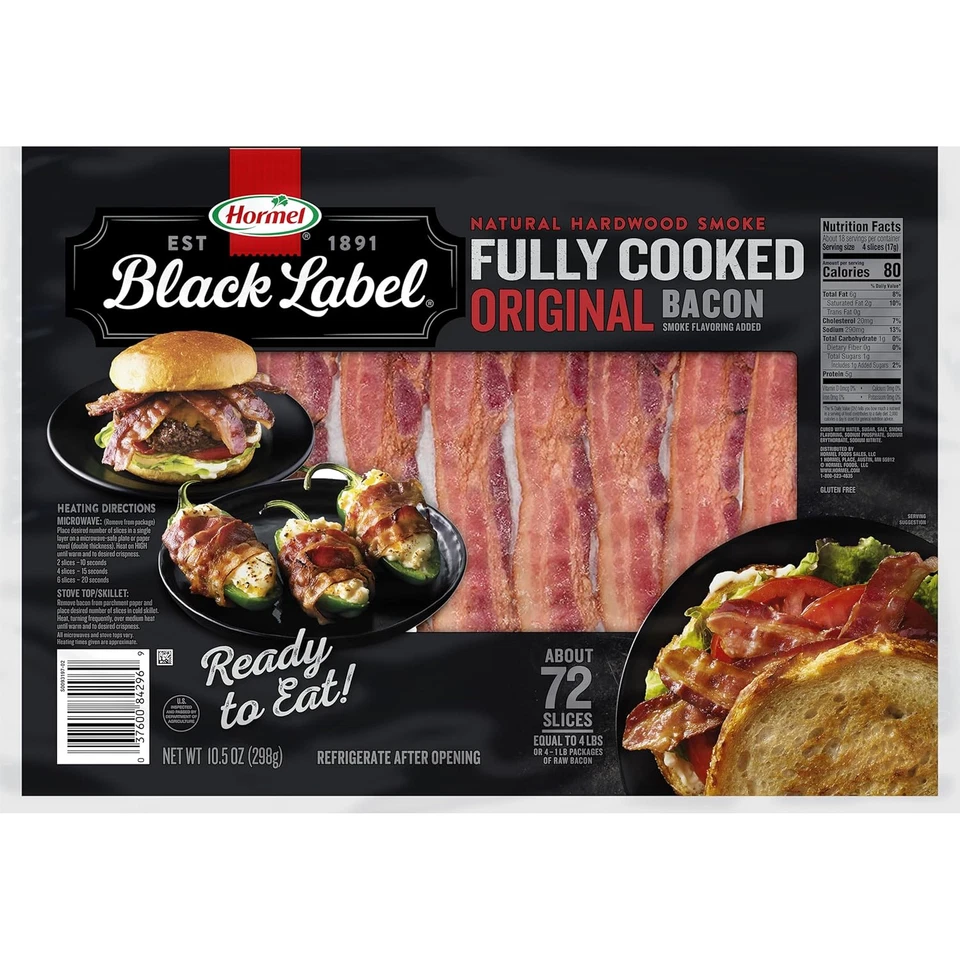 HORMEL BLACK LABEL Tocino Completamente Cocido - Snacks Gruesos para Tocino para Desayuno, 10.5 O Foto 1 de 4