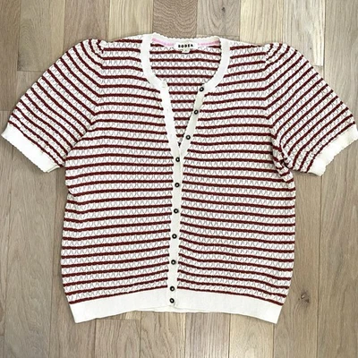 Boden Dot Pointelle Cardigan US Size XL Short Sleeve Warm Ivory Red Scallop Trim - Image 1 of 4