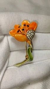 Vintage Kramer Poppy Flower Orange Enamel Pin Brooch - Picture 1 of 12