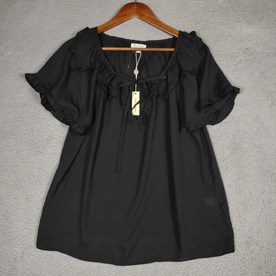 Blusa Max Studio Top Feminina Média Preta Babado Manga Curta Decote Amarrado Preppy Nova Com Etiqueta - Imagem 1 de 4