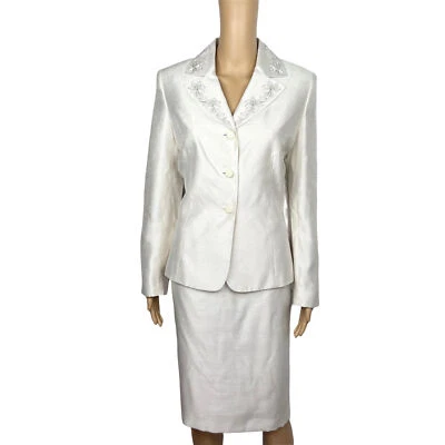 LE SUIT Polyester Rayon Skirt Suit Size 8 Off White Embroidered Beaded 2PC New - Image 1 of 4
