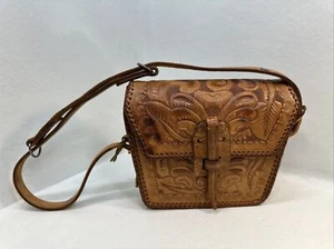Borsa a tracolla vintage western in pelle marrone lavorata a mano - piccola - zip Clifton - Foto 1 di 24