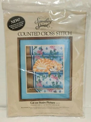 Imagen de punto de cruz algo especial contado gatos en escaleras 11x14 vintage NUEVO Foto 1 de 4
