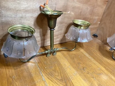 Antique Two Arm Ceiling Fixture ~ Gas converted to Electric with Shades    #4315 - Изображение 1 из 4