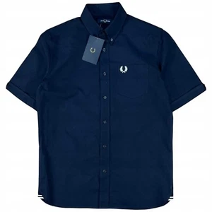 Fred Perry Oxford Shirt Button Up Shortsleeve Men Navy Casual M BNWT - Picture 1 of 12