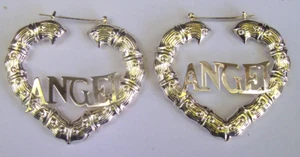 Silver tone Heart ANGEL Bamboo Hoop Earrings 2.5"  Closure Adj Both sides full - Picture 1 of 3
