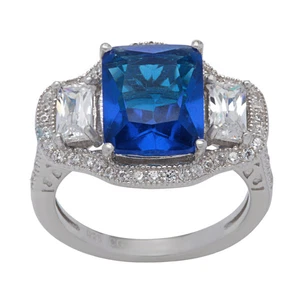 Anillo de plata de ley con halo de circonitas cúbicas azules y blancas - Imagen 1 de 6