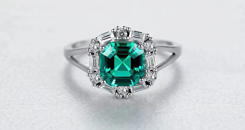 Anillo Esmeralda Corte Cojín Acabado Oro Blanco 18K Creado en Laboratorio Foto 1 de 1