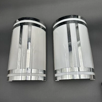 Vintage Pair of Good Earth Lighting Polished Nickel Sconces White Shade 13" X 8" - Image 1 of 4