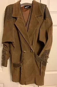 Vintage 80's Womens Winlit Brown Suede Animal Print Trim Jacket + Vest SZ M - Picture 1 of 11