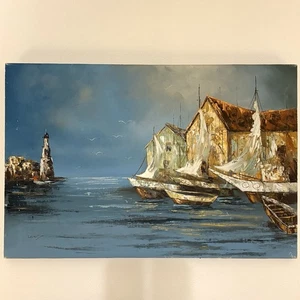 Pintura al óleo paisaje marino náutico barco impresionismo firmado Lewis 36x24 - Imagen 1 de 8