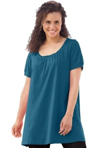 Woman Within Plus Size Perfect Short-Sleeve Shirred U-Neck Tunic - Picture 1 of 27