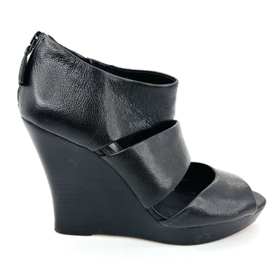 Womens 5 M Saks Fifth Ave Black Leather Ankle Back Zip 4” Heel Wedge Sandals - Image 1 of 4