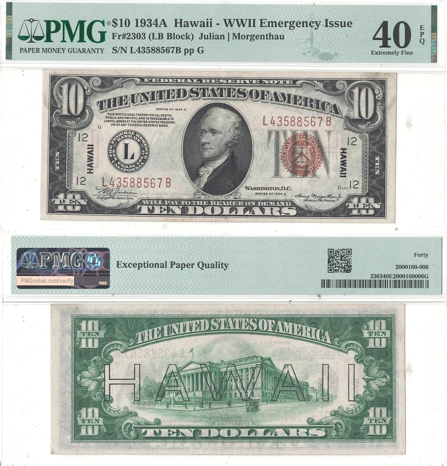 1934-A $10 Hawaii Fr-2303 PMG XF-40 EPQ - Image 1 of 3