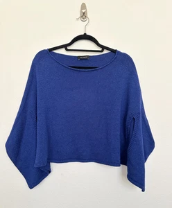 Cop.Copine Poncho Merino Wool Blend Sweater Boxy Cobalt Blue Button Womens Small - Picture 1 of 10