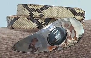 VTG Fibbia Belt Women Brown Snakeskin Black Cabochon Buckle Italy Large To 32" - Picture 1 of 9