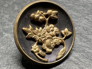 16 ANTIKE RUNDE METALLSCHAFT BILD KNÖPFE MIT GOLDENEN BLUMEN, SCHWARZ G702 - Bild 1 von 12