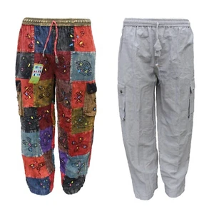 Mens Harem Pants hippie cargo trouser OM Patchwork cotton boho yoga unisex Hippy - Picture 1 of 6