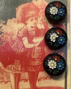 Set of 3 ~Vintage  Black 3/4" painted flower  Glass Buttons~ NOS - Picture 1 of 1