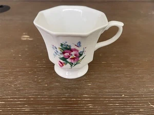 VINTAGE Hallmark Octagonal Coffee Mug Tea Cup White w/ Pansies & Butterfly - Picture 1 of 4