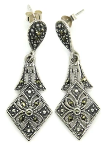 Signed CW Deco Vintage Style 925 Sterling Marcasite Flower Dangle Drop Earrings - Picture 1 of 7