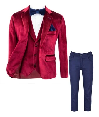 Traje de Terciopelo Formal Calce Ajustado para Boda Fiesta con Parches en el Codo en Rojo Claret para Niños Foto 1 de 2
