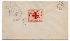 Primera Guerra Mundial Granada 1919 Cubierta de impuesto de guerra registrada con etiqueta de la Cruz Roja 1914-15 1/4d - Imagen 1 de 2