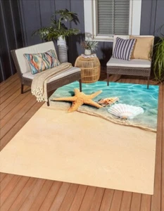 Summer Beach Theme Outdoor Rugs Vibrant Starfish Shell Print Waterproof Carpets - Picture 1 of 6