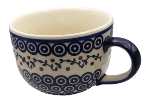 Polnische Steinzeug Keramik Handarbeit Boleslawiec 18 Unzen Becher Indigo Blau Tupfen - Bild 1 von 5