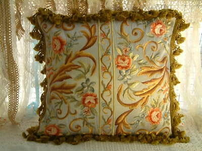 20" Classic French Country Swirls Floral Embroidery Pillow Cover Aubusson Design - Image 1 of 4
