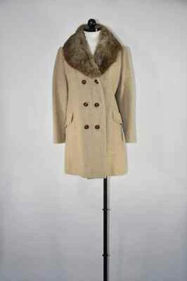 60s Vintage Beige Wool Tweed Brown Rabbit Fur Collar Slim Peacoat Jacket Women M - Image 1 of 4