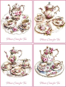 8 Tea Party Invitation Vintage Victorian Tea Pot Tea Cup Envelopes - Picture 1 of 3