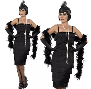 Ladies 20s Long Length Flapper Fancy Dress Costume & Gloves S-XXL Black Smiffys - Picture 1 of 2