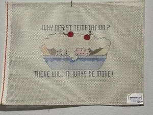 Vintage Needlepoint Canvas “Why Resist Temptation…” Ice Cream Sundae 11 x 9” - Picture 1 of 5