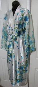 California Dynasty satin Robe White/Blue Floral Sheer Kimino-Sleeve Belted Wm. M - Picture 1 of 14