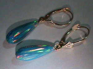 14kt Gold Leverback Earrings w/ SUPER Blue Green Fire 19 MM Created Opal Drops! - Picture 1 of 3