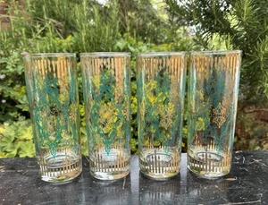 Vintage MCM Highball Drinking Glasses Bohemian Gold Turquoise x4 - Picture 1 of 7