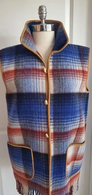 Vintage Wool Blue Red Plaid Fringed Blanket Vest Velvet Piping, Patch Pockets M - Image 1 of 4