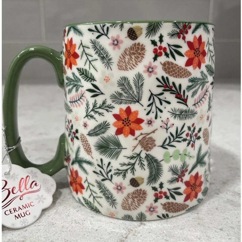 Taza POINSETTIA 16 oz por 10 Strawberry Street Bella Floral Navidad Borde Verde NUEVO Foto 1 de 4
