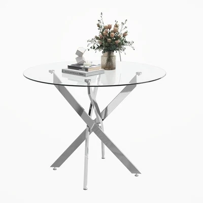 Round Glass Dining Table with Chromed Crossed Legs, 31.5" Modern White Glass ... - Image 1 of 4