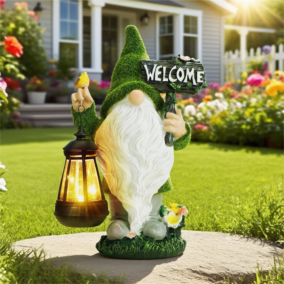 Solar-Powered Dwarf Statue with Bird & LED Lights - Waterproof Garden Decor - Image 1 of 4