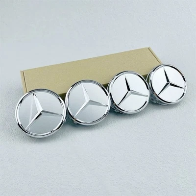 Set of 4 75mm Chrome Emblem Silver For Mercedes Benz C S A Wheel Center Hub Caps - Image 1 of 4