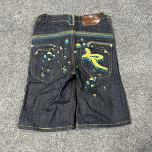 Rocawear Jeans Shorts Boys 7X Dark Wash Blue Denim Yellow Embroidered Hip Hop - Picture 1 of 10