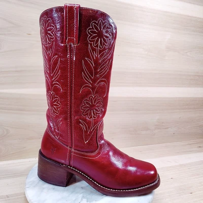 Botas femininas vintage Frye Campus flor 8,5 B vermelho escuro floral biqueira quadrada ocidental - Imagem 1 de 4